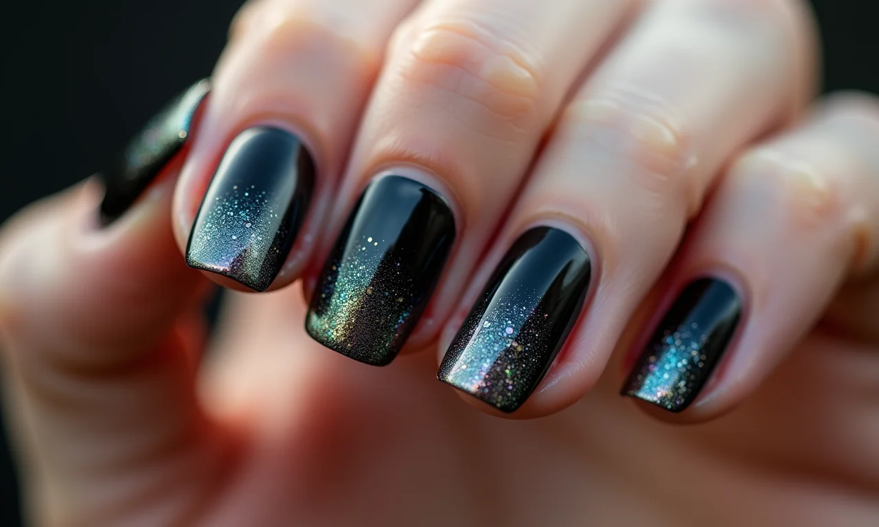 Unha degradê preta com glitter furta-cor.