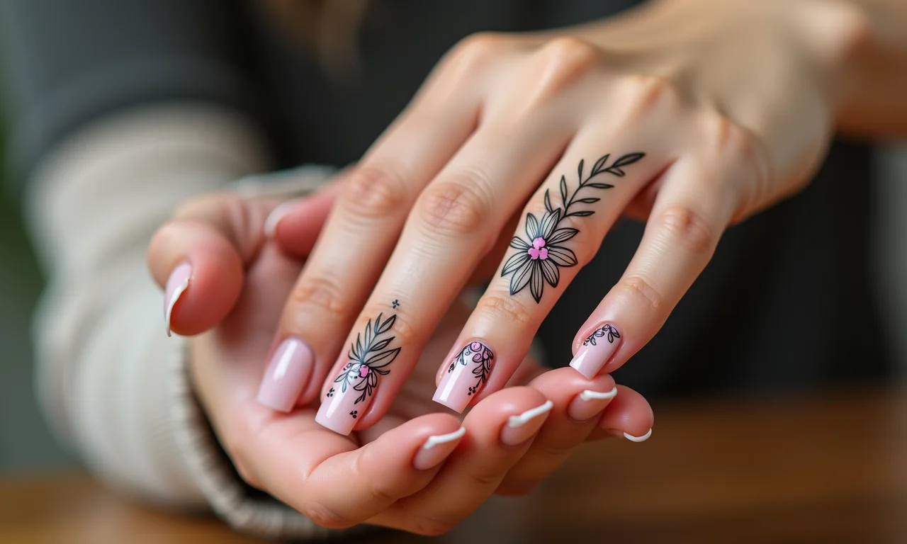 Unha 'filha única' com desenhos florais delicados.