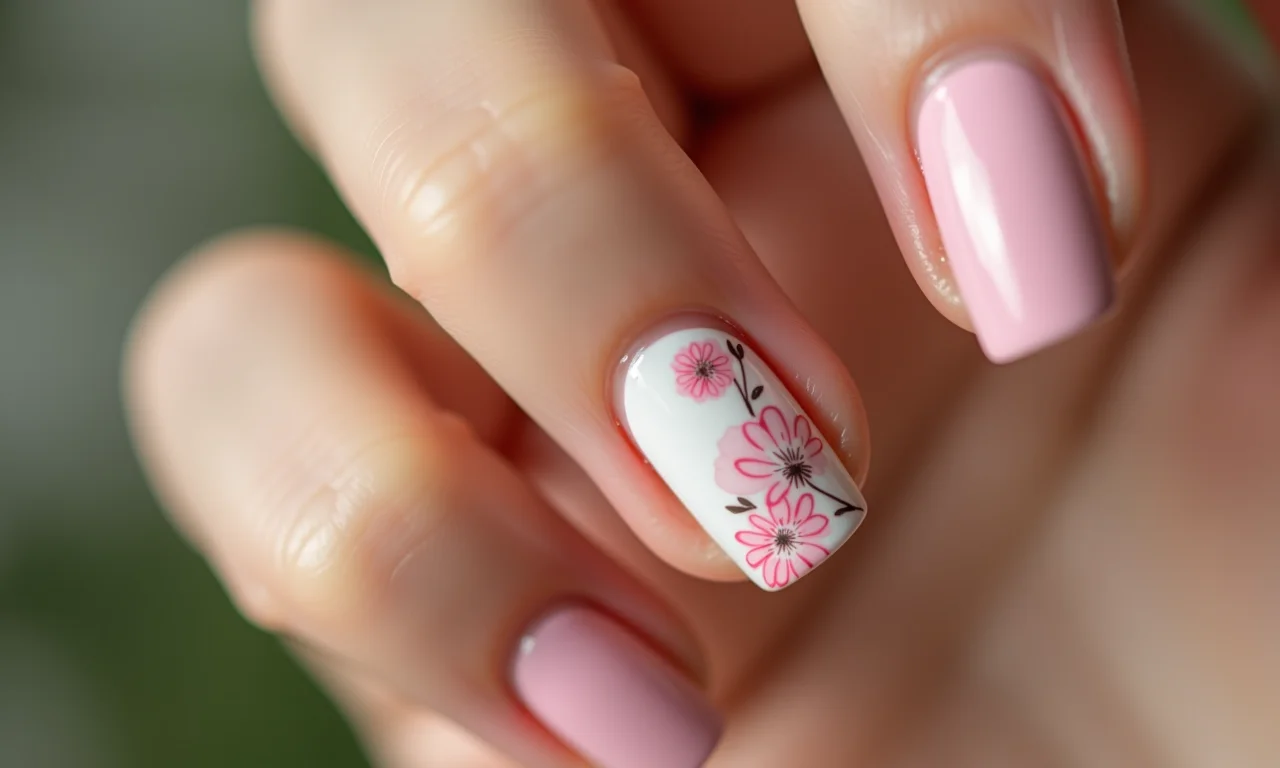 Unha filha única com detalhe floral em unhas curtas.