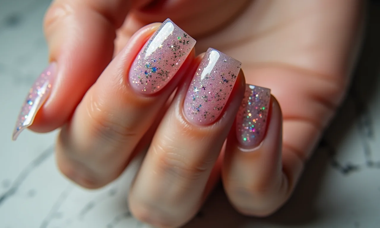 Unha filha única com glitter em unhas de fibra de vidro quadradas.