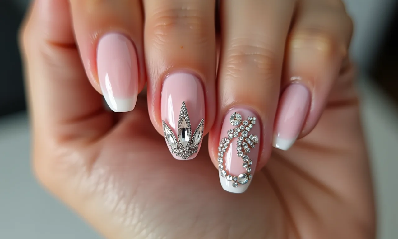 Unha filha única com pedrarias em unhas de fibra de vidro.