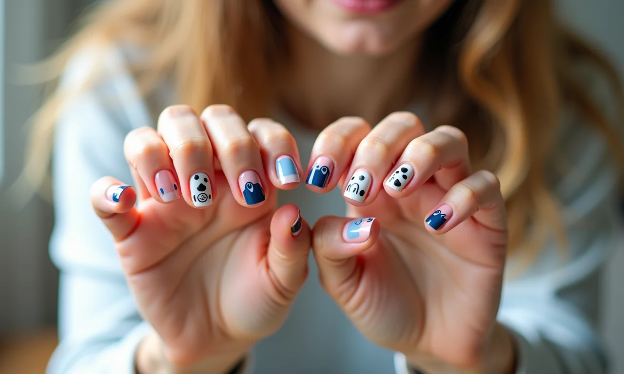 Unha meio a meio com adesivos.