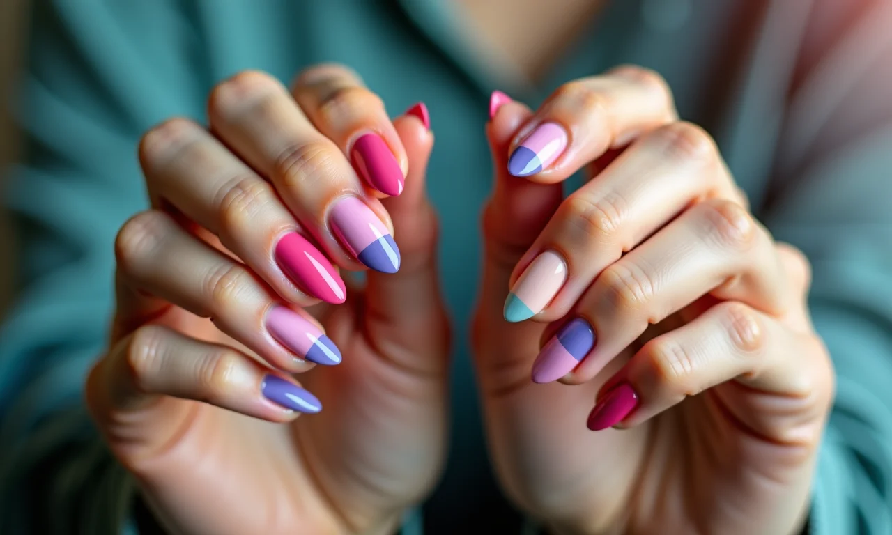 Unha meio a meio com cores vibrantes.