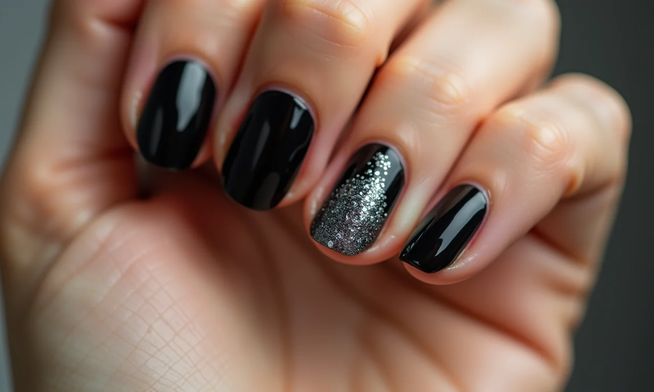 Unha preta filha única com glitter prata.