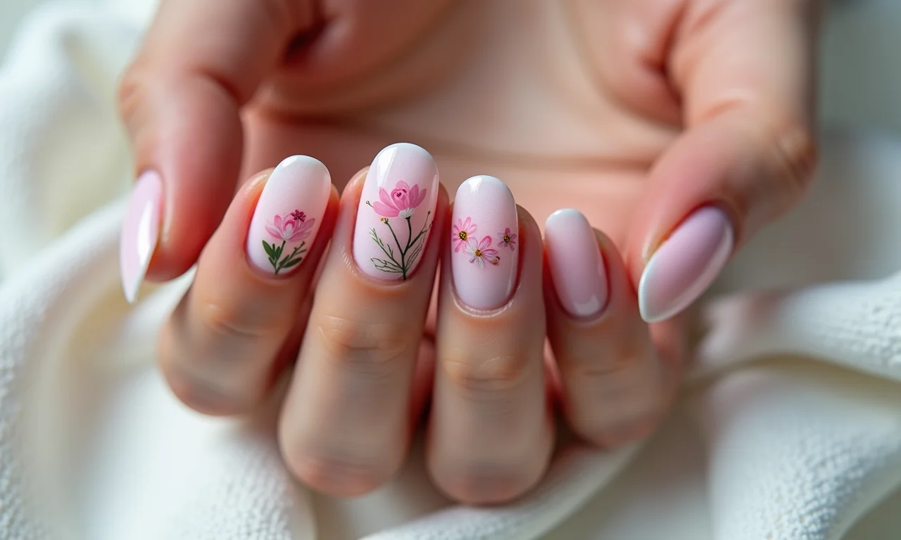 Unha redonda decorada com filha única delicada.