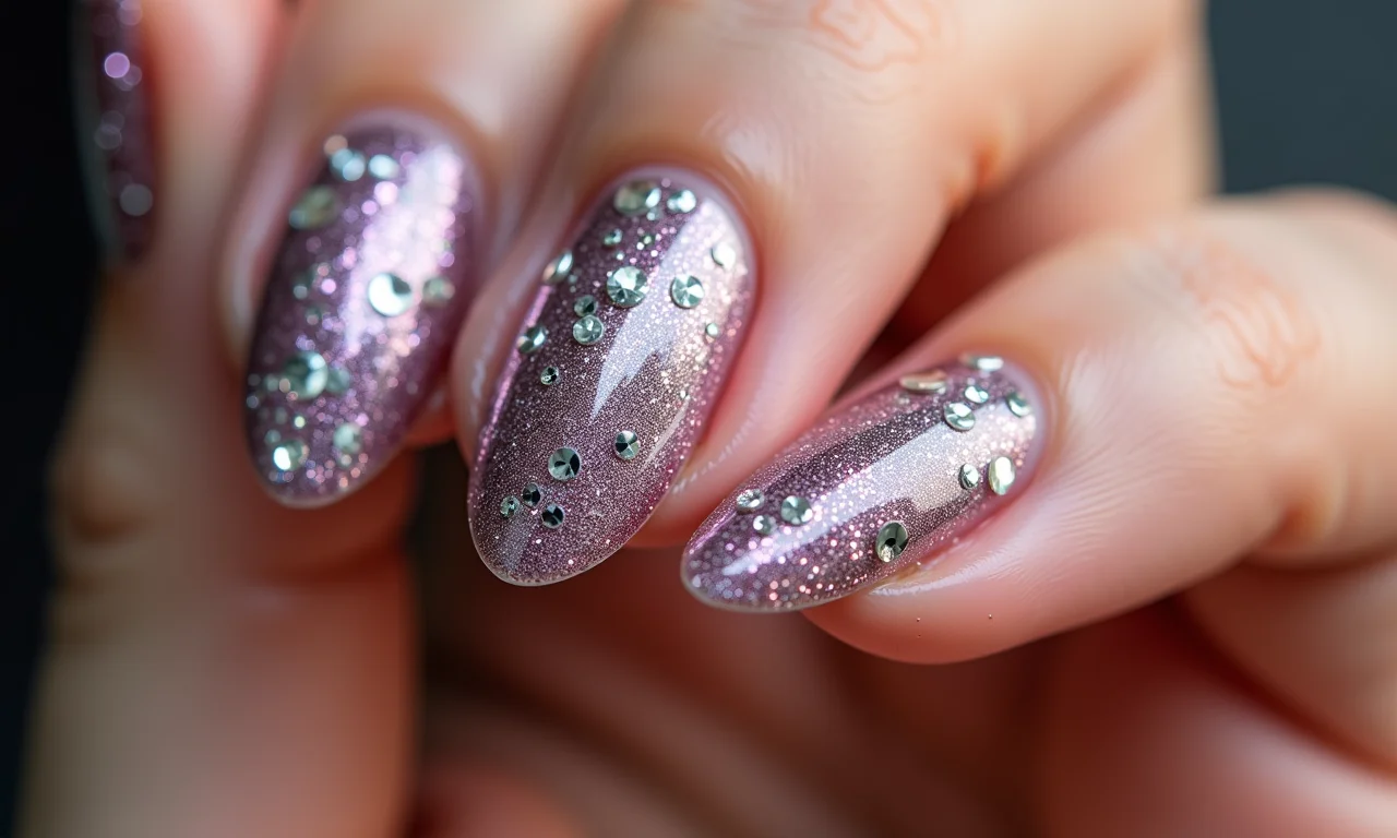 Unha redonda decorada com glitter e brilho.