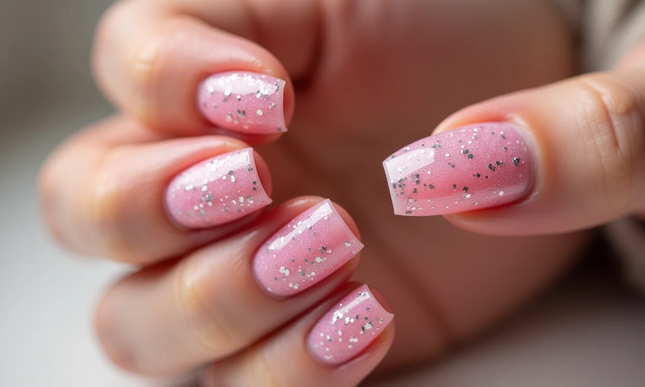 Unha rosa encapsulada com glitter sutil.