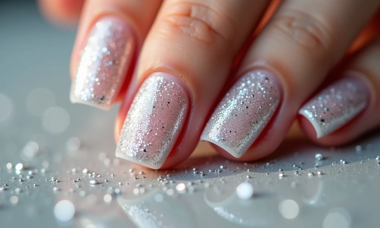 Unha toda com glitter branco.