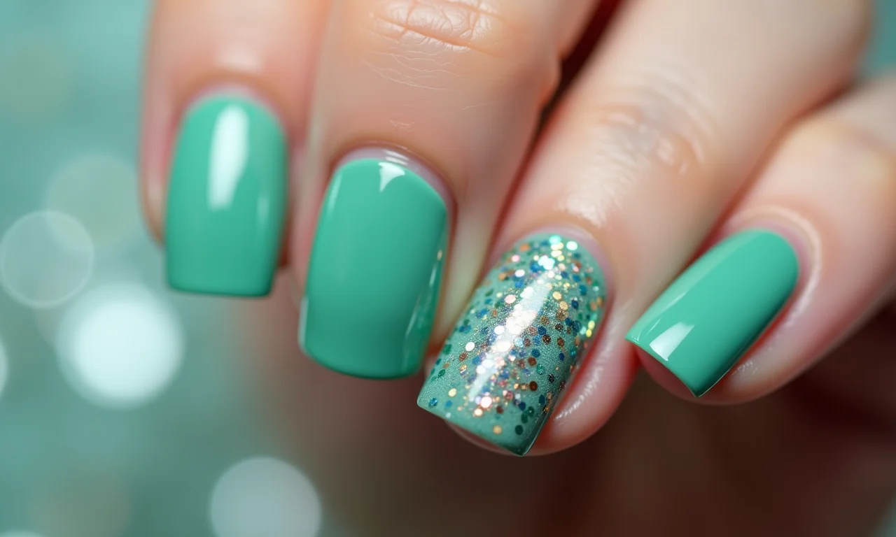 Unha verde água filha única com glitter, charme e destaque.
