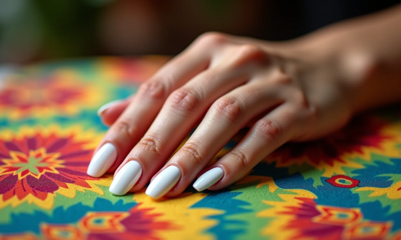 Unhas almond brancas alongando os dedos.