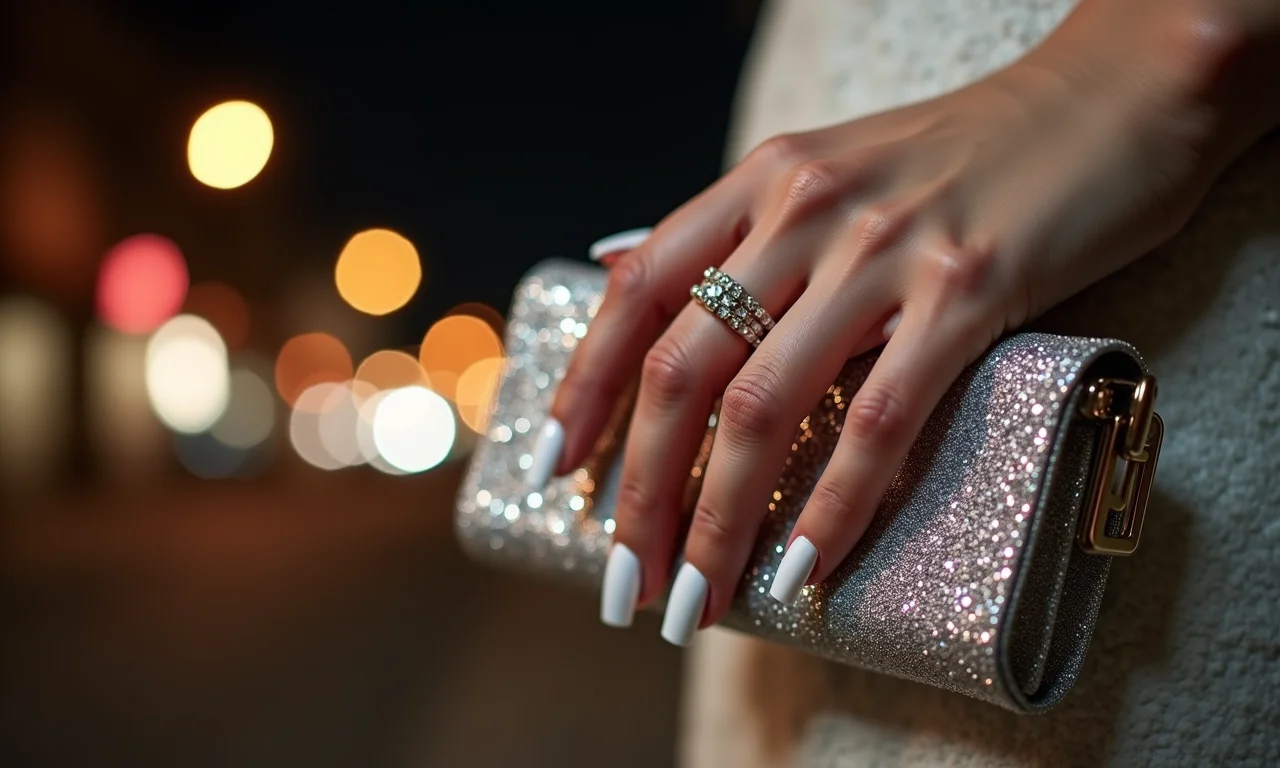 Unhas almond brancas com glitter para um toque de glamour.