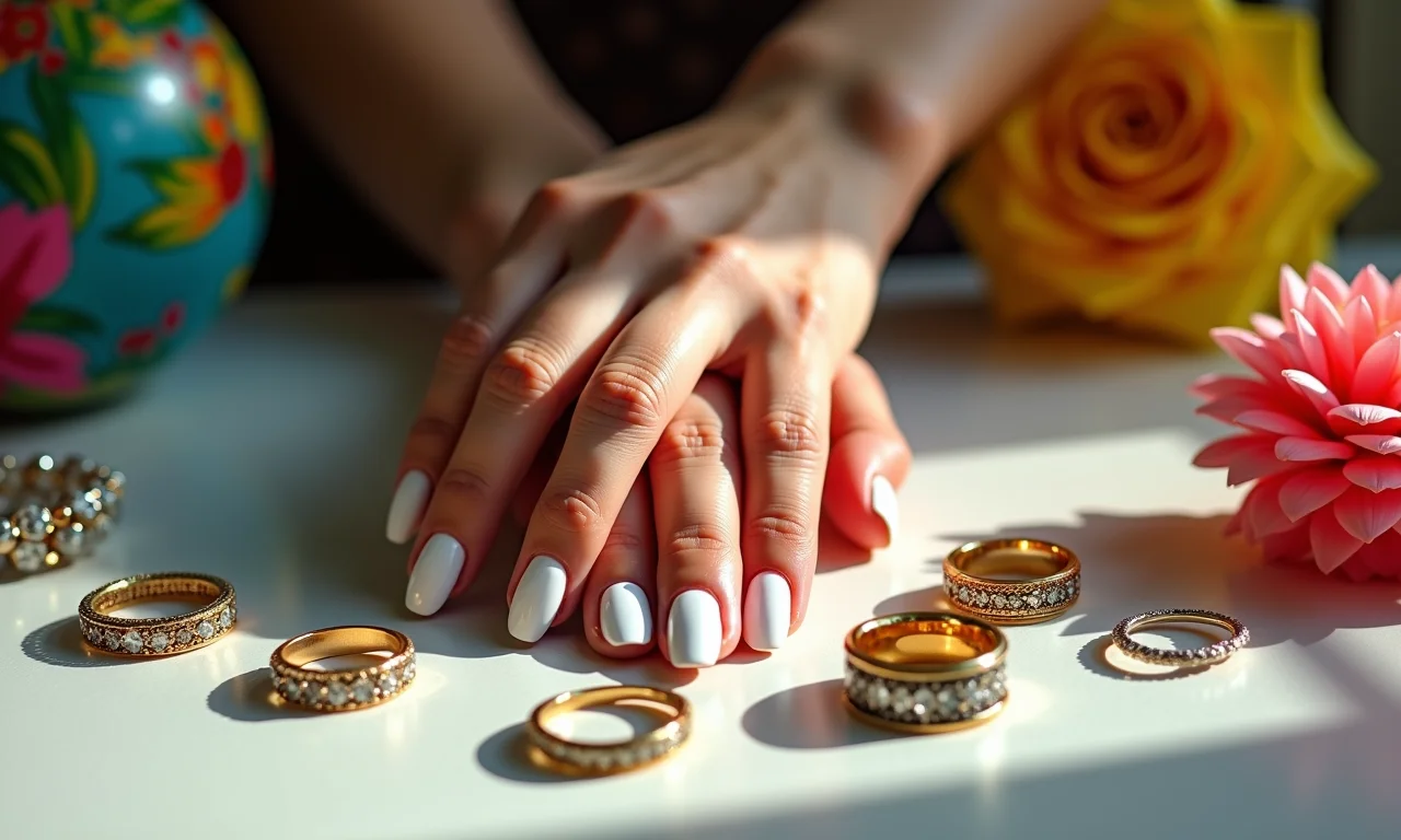 Unhas almond brancas combinando com diversos acessórios.