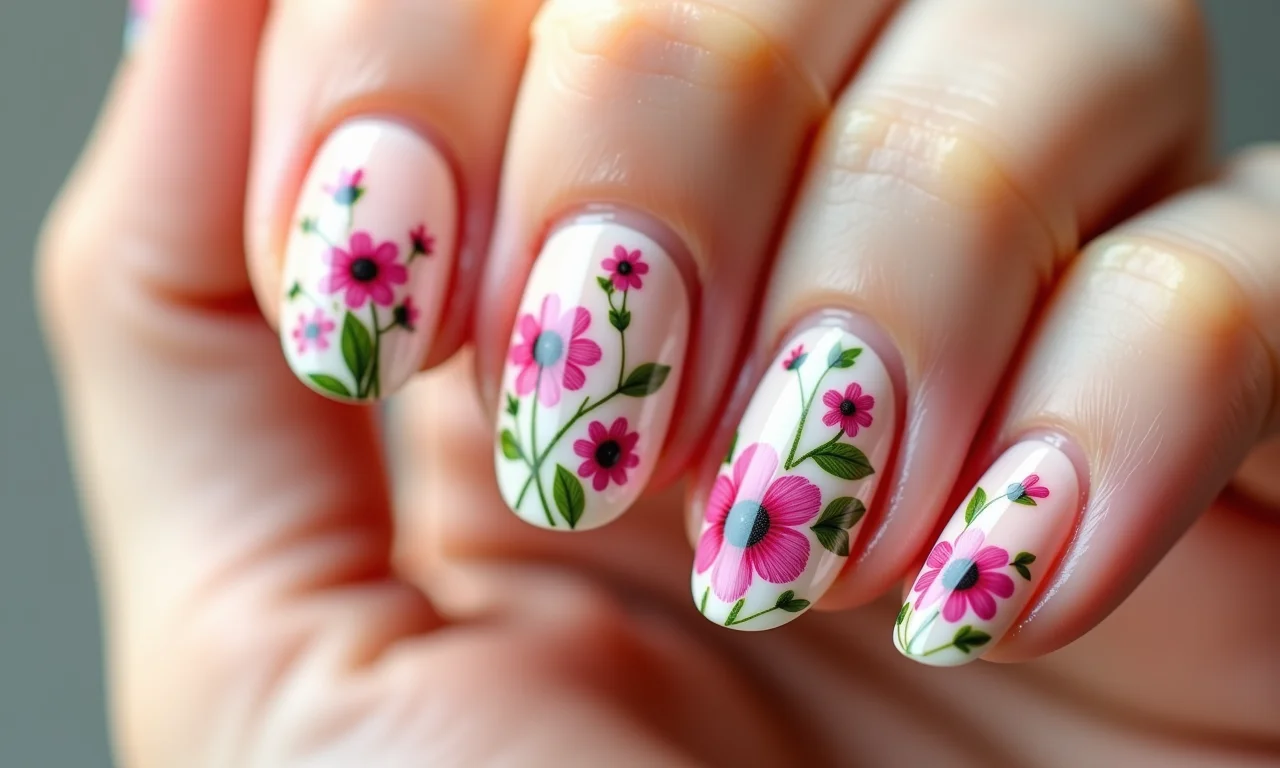 Unhas almond com adesivos e aplicações de flores.