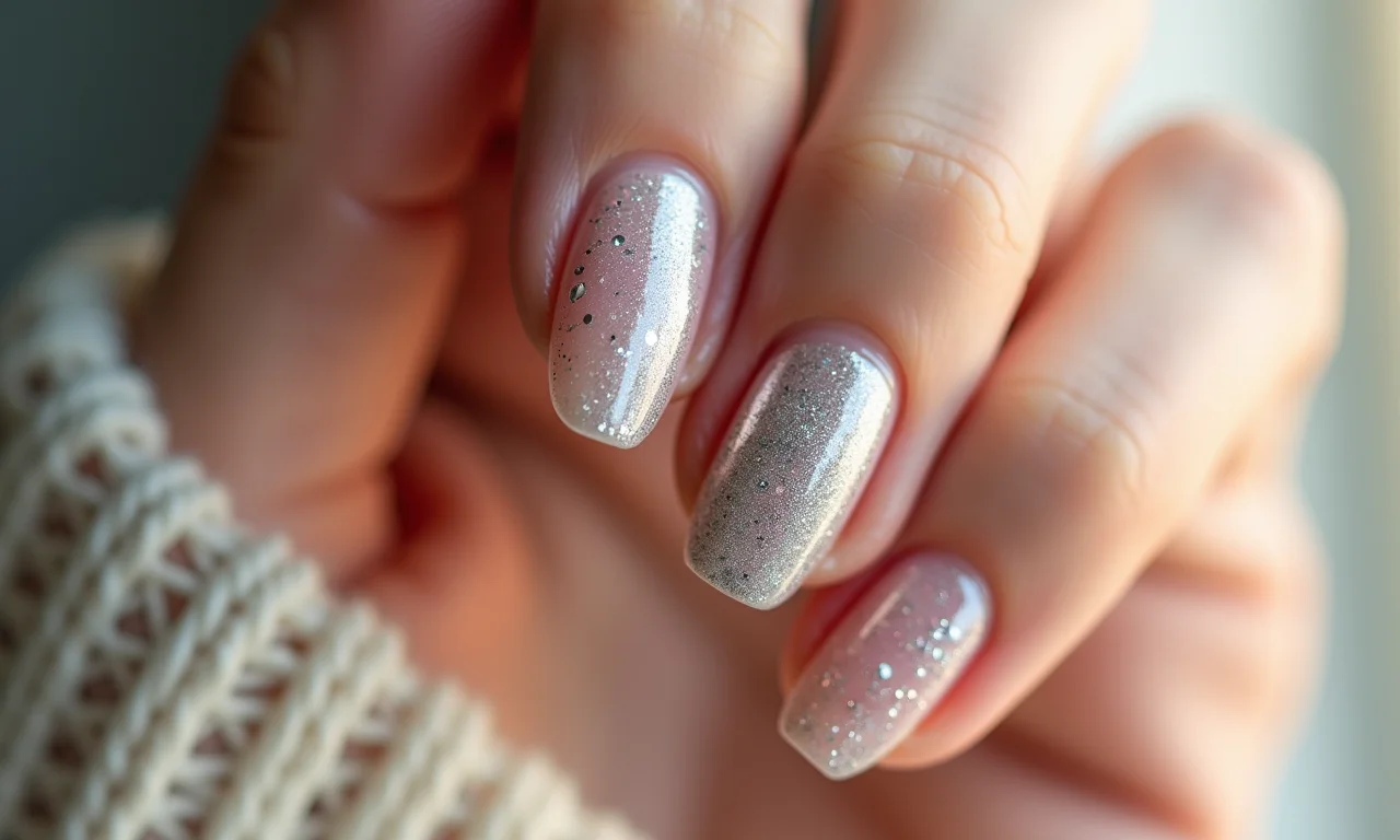 Unhas almond com filha única de glitter prata.