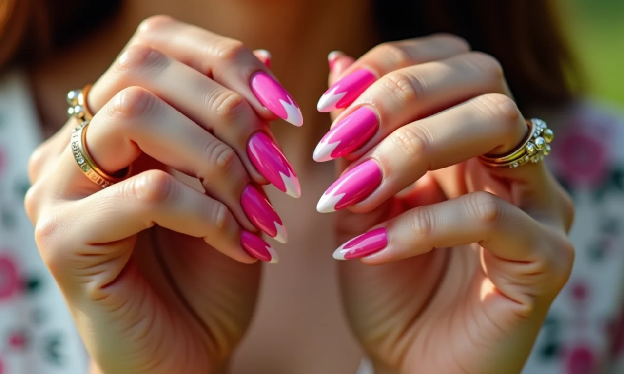 Unhas almond decoradas com cores vibrantes, estilo brasileiro.