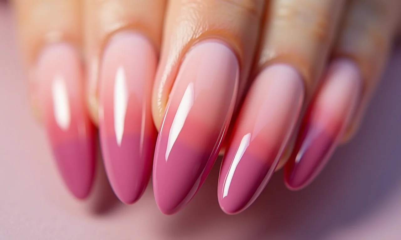 Unhas almond longas com efeito ombré rosa e roxo.