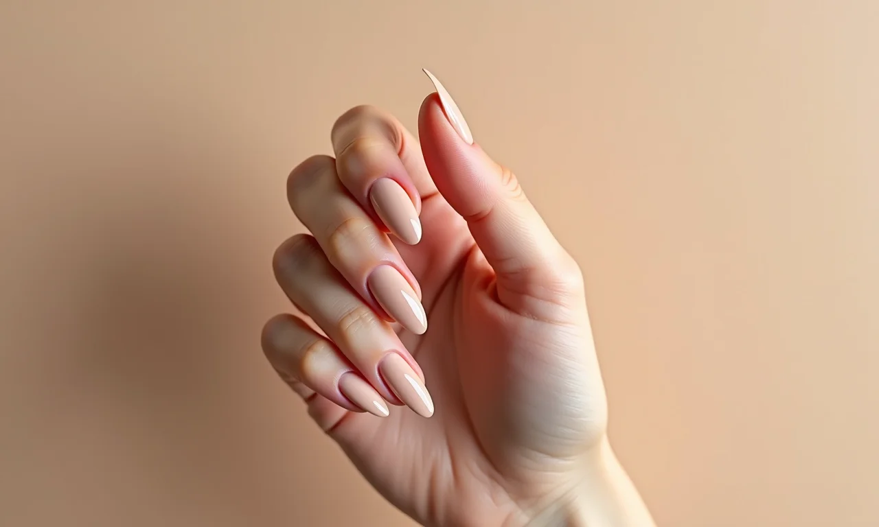 Unhas almond minimalistas em tom nude.