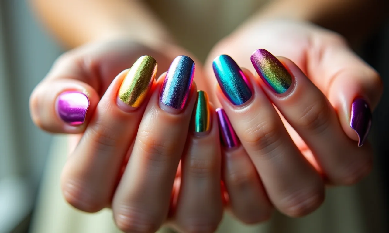 Unhas arco-íris com detalhes em esmalte metálico.