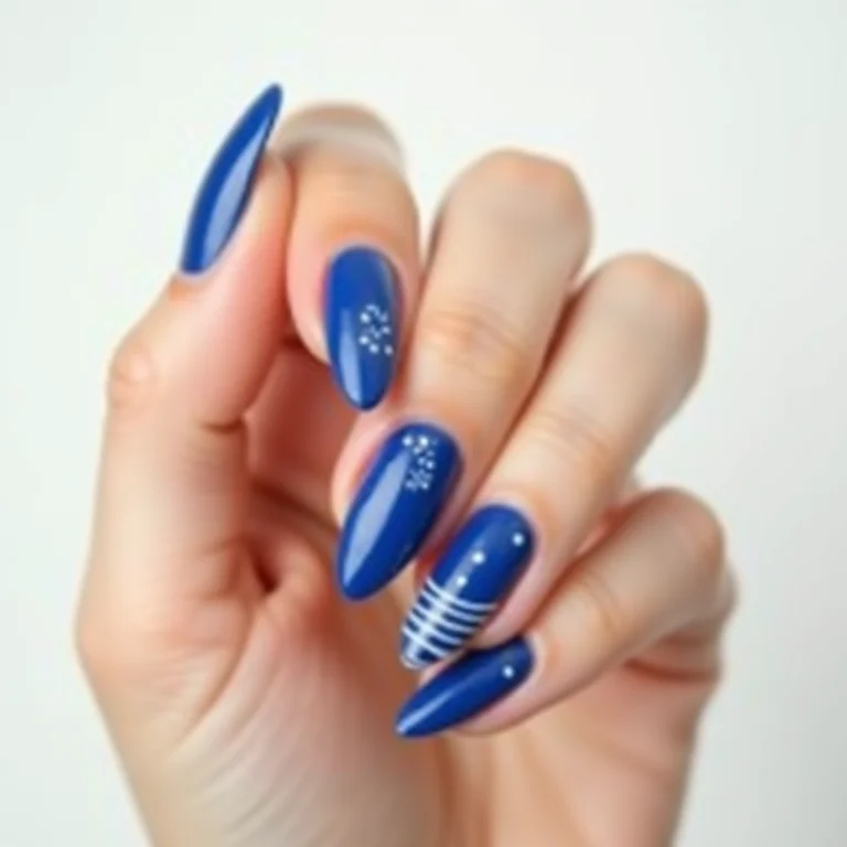 Unhas azuis com detalhes brancos