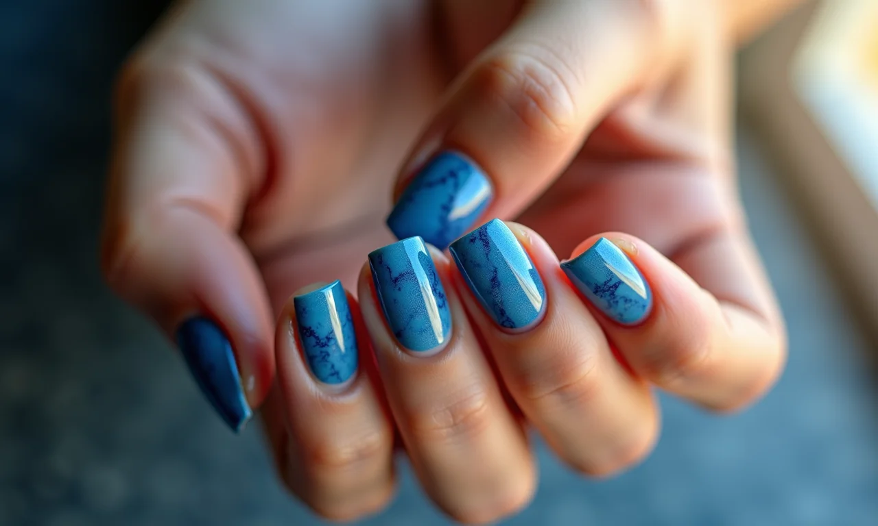Unhas azuis com efeito marmorizado moderno.