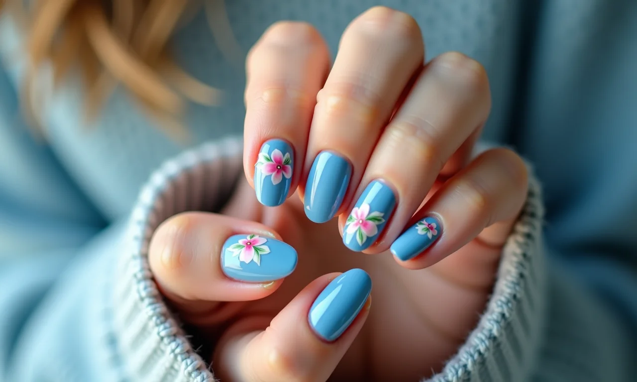 Unhas azul com flores, romantismo em detalhes.