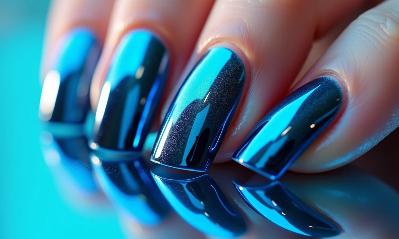 Unhas azul espelhado, futurista e impactante.