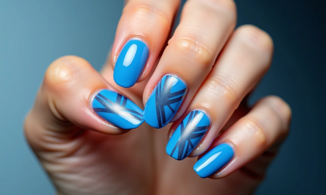 Unhas azul geométricas, arte moderna nas unhas.
