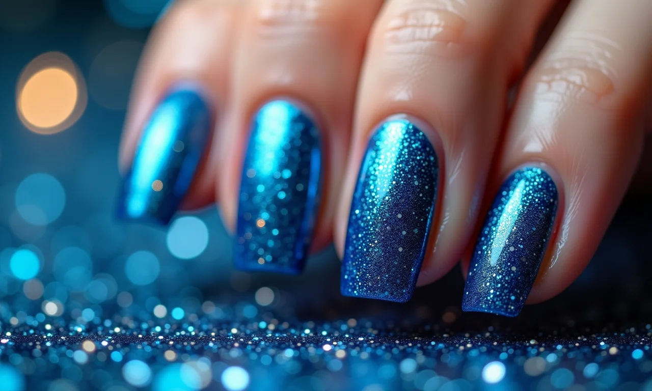 Unhas azul glitter, brilho e glamour.