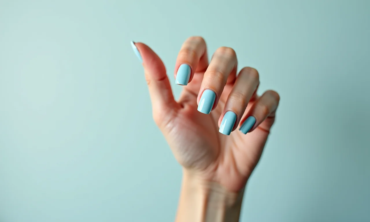 Unhas azul serenity, delicadas e calmas.