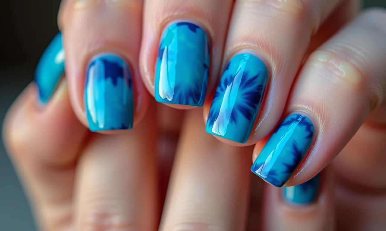Unhas azul tie-dye, hippie chic.