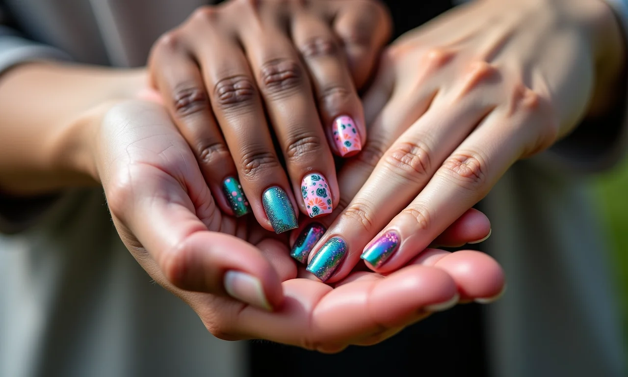 Unhas blindadas decoradas com cores vibrantes e designs intrincados.