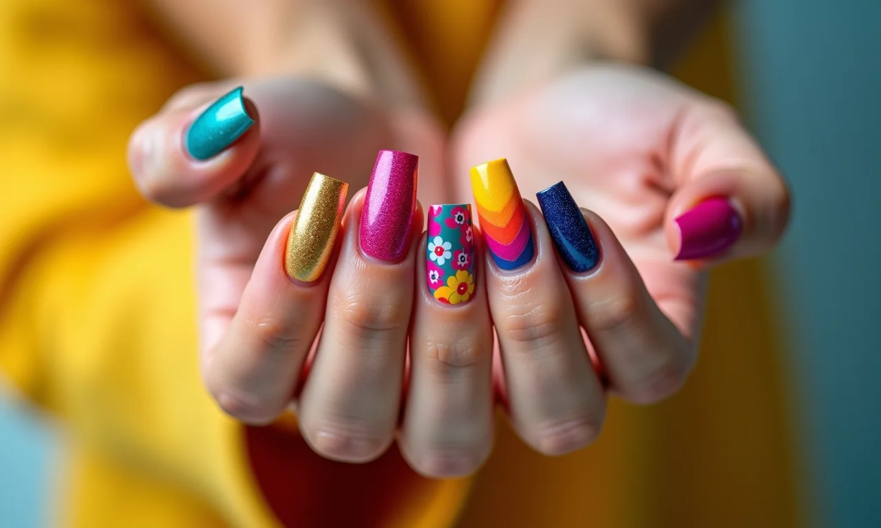 Unhas coloridas e vibrantes celebrando a alegria do Ano Novo.