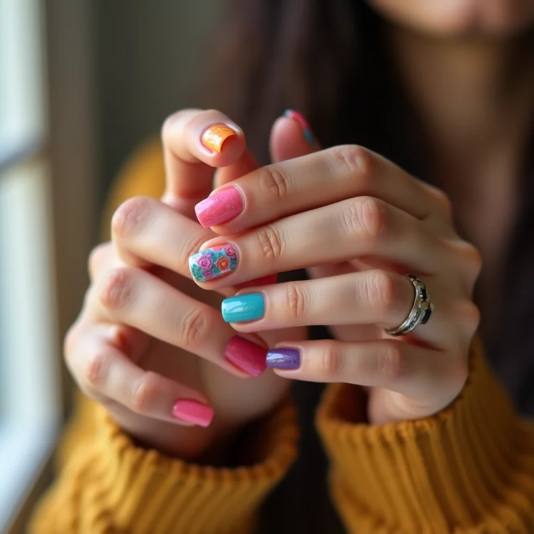 Unhas coloridas em diferentes tons vibrantes.