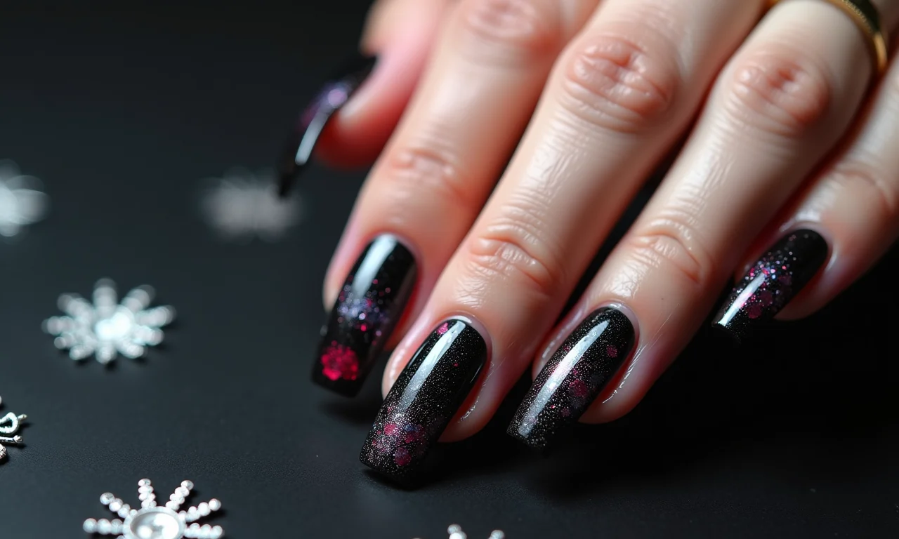 Unhas com adesivos 3D góticos.