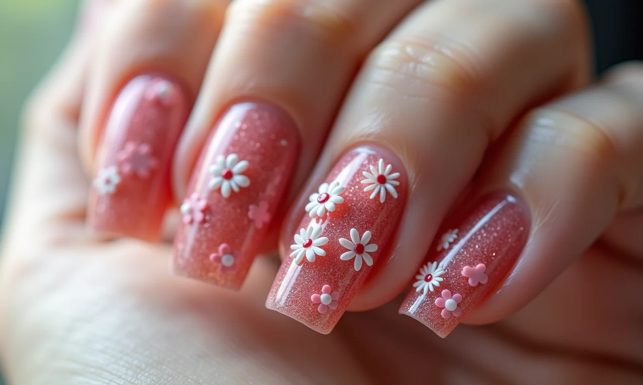 Unhas com adesivos de flores 3D, um efeito texturizado e moderno.