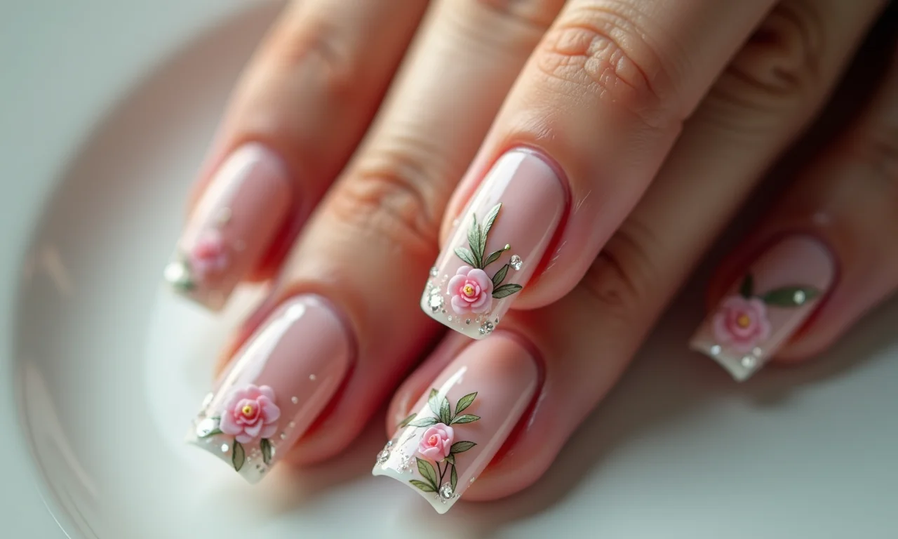 Unhas com adesivos delicados e charmosos aplicados.