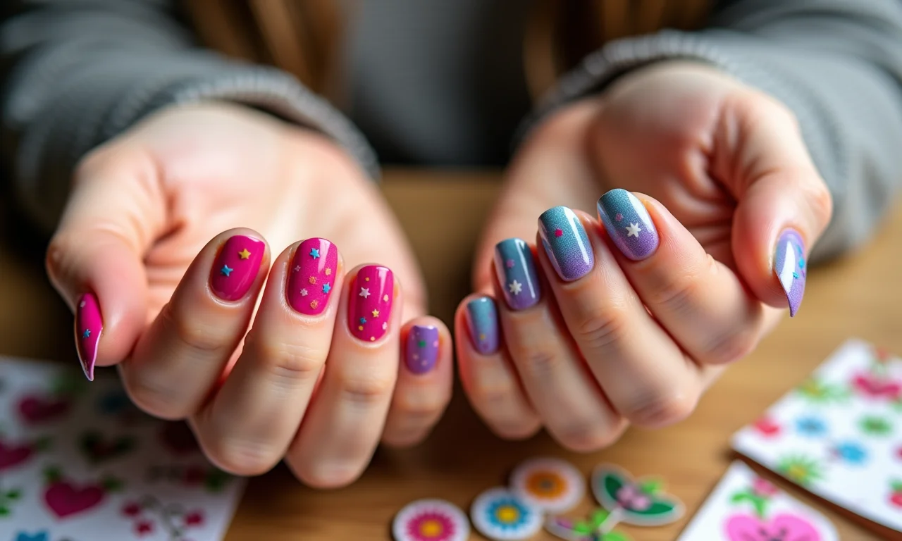 Unhas com adesivos e aplicações divertidas e criativas.