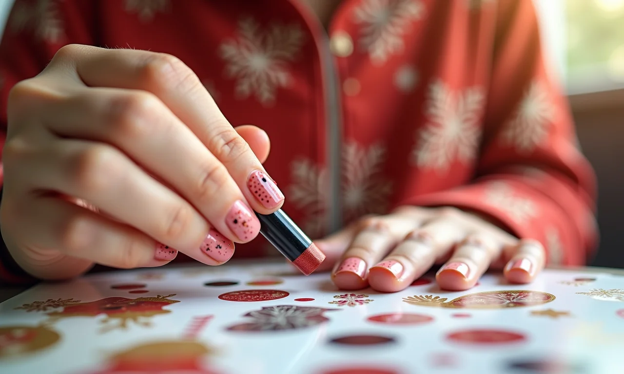 Unhas com adesivos e películas para o Ano Novo.