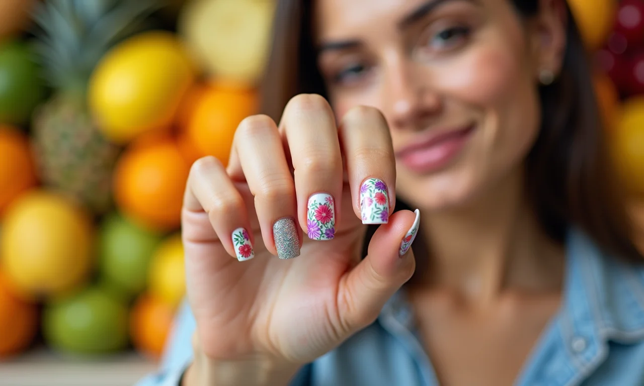 Unhas com adesivos, fáceis de decorar.