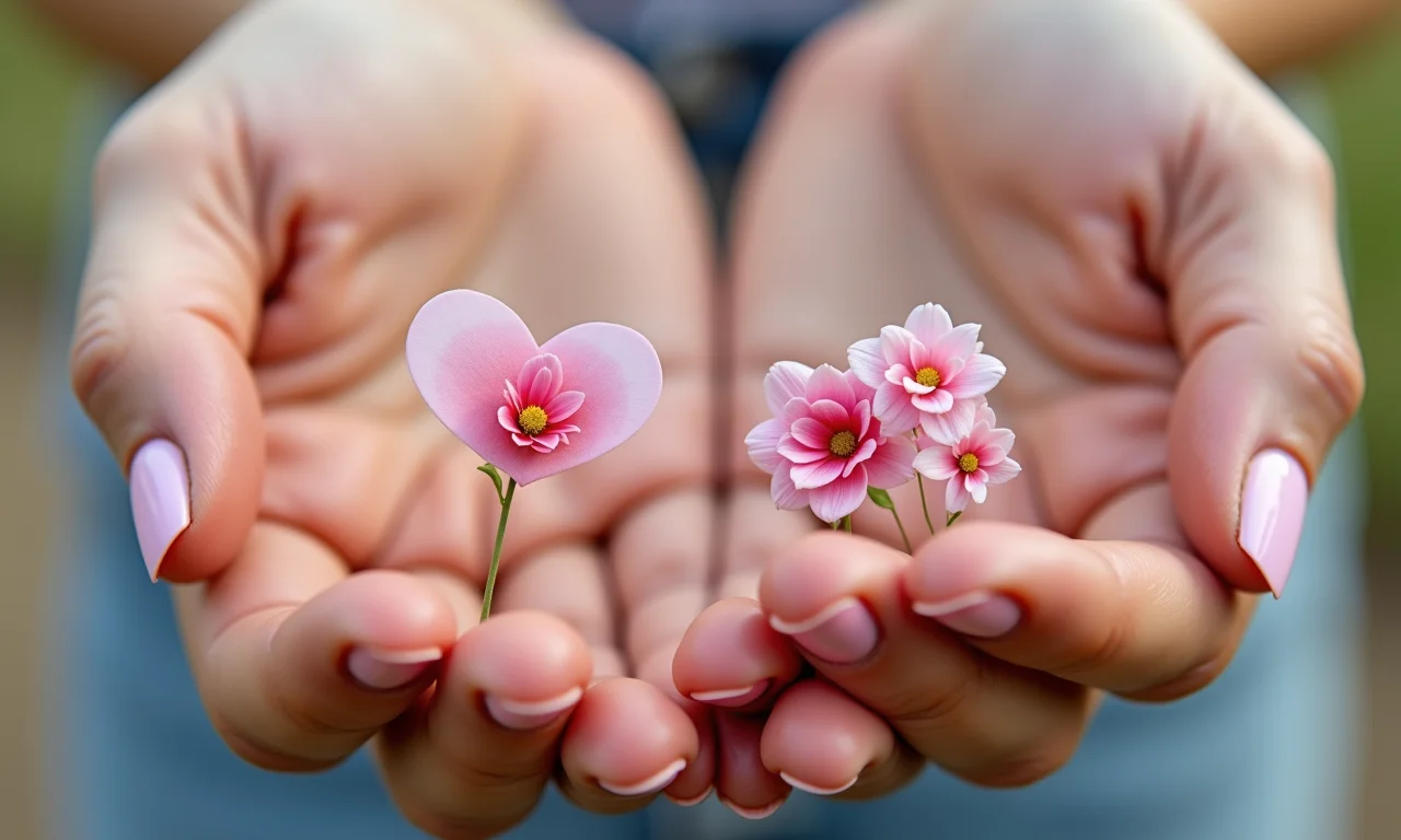 Unhas com adesivos românticos e delicados.