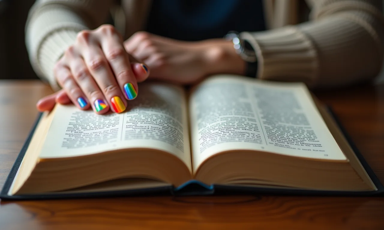 Unhas com arco-íris e livro sobre a história LGBT.
