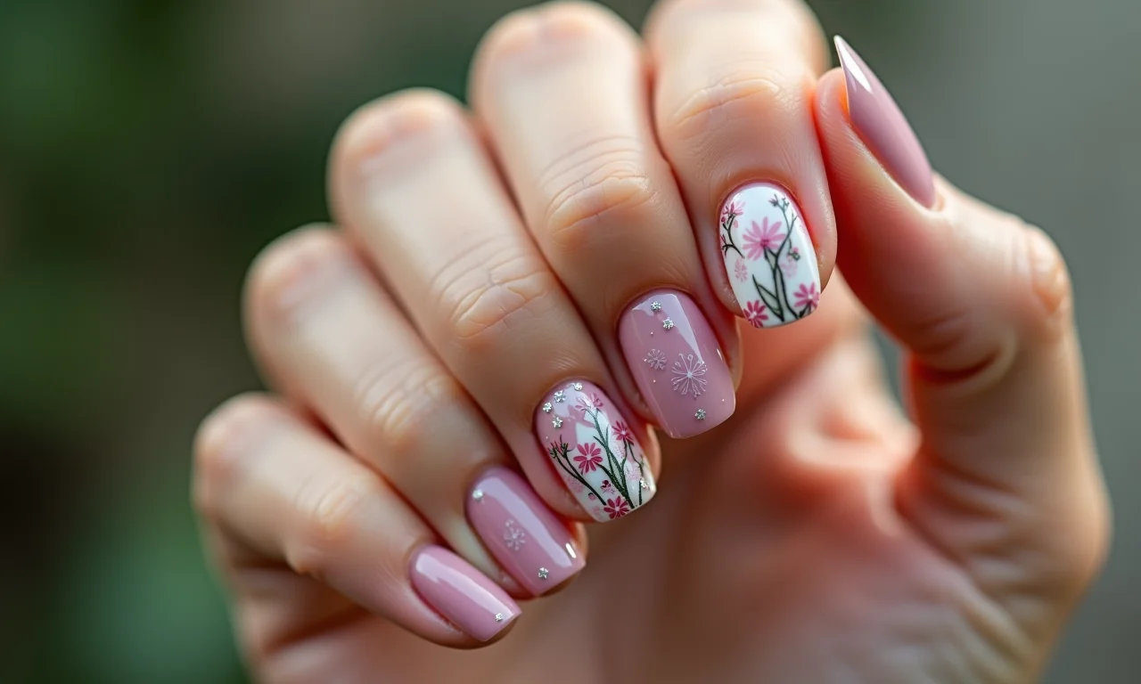 Unhas com blindagem e adesivos, um toque divertido e personalizado.