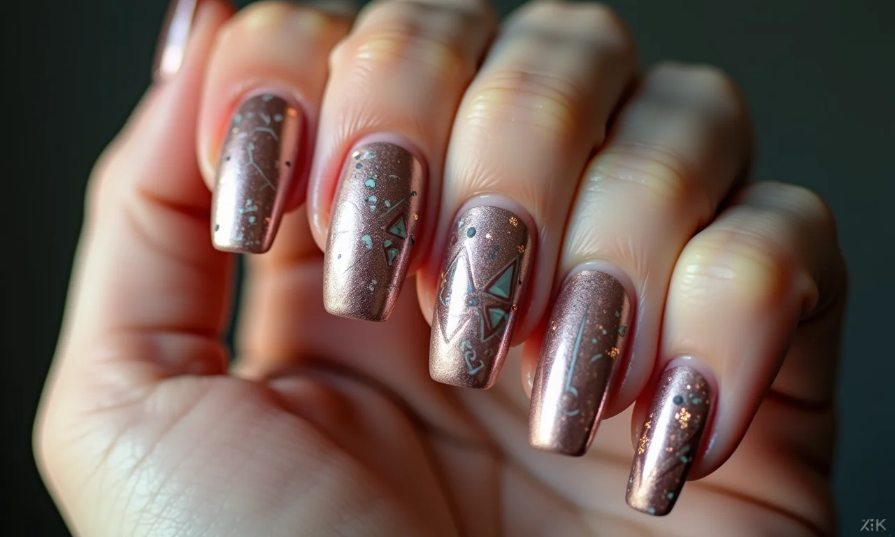 Unhas com blindagem e desenhos geométricos, um visual moderno e estiloso.