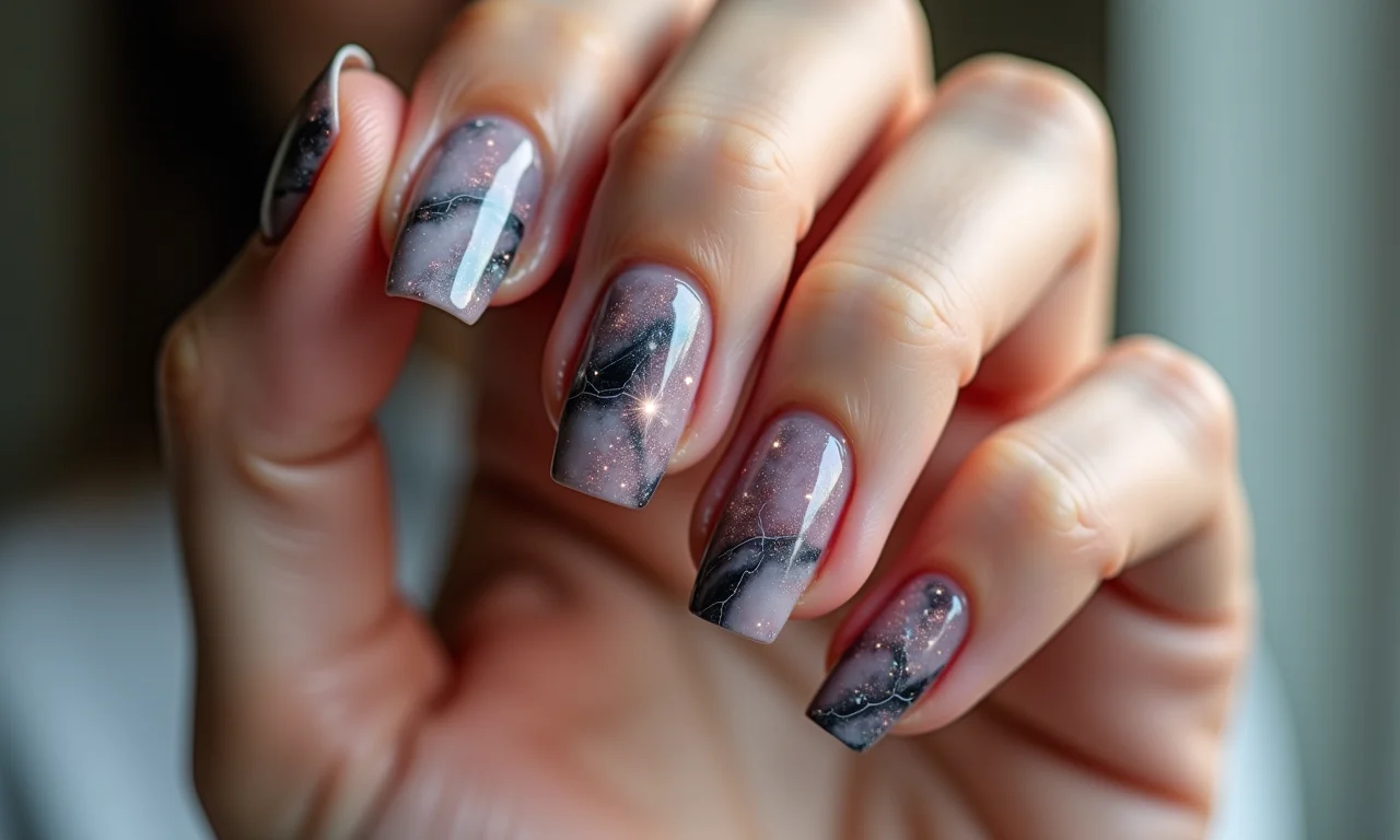Unhas com blindagem e efeito marmorizado, um visual moderno e elegante.