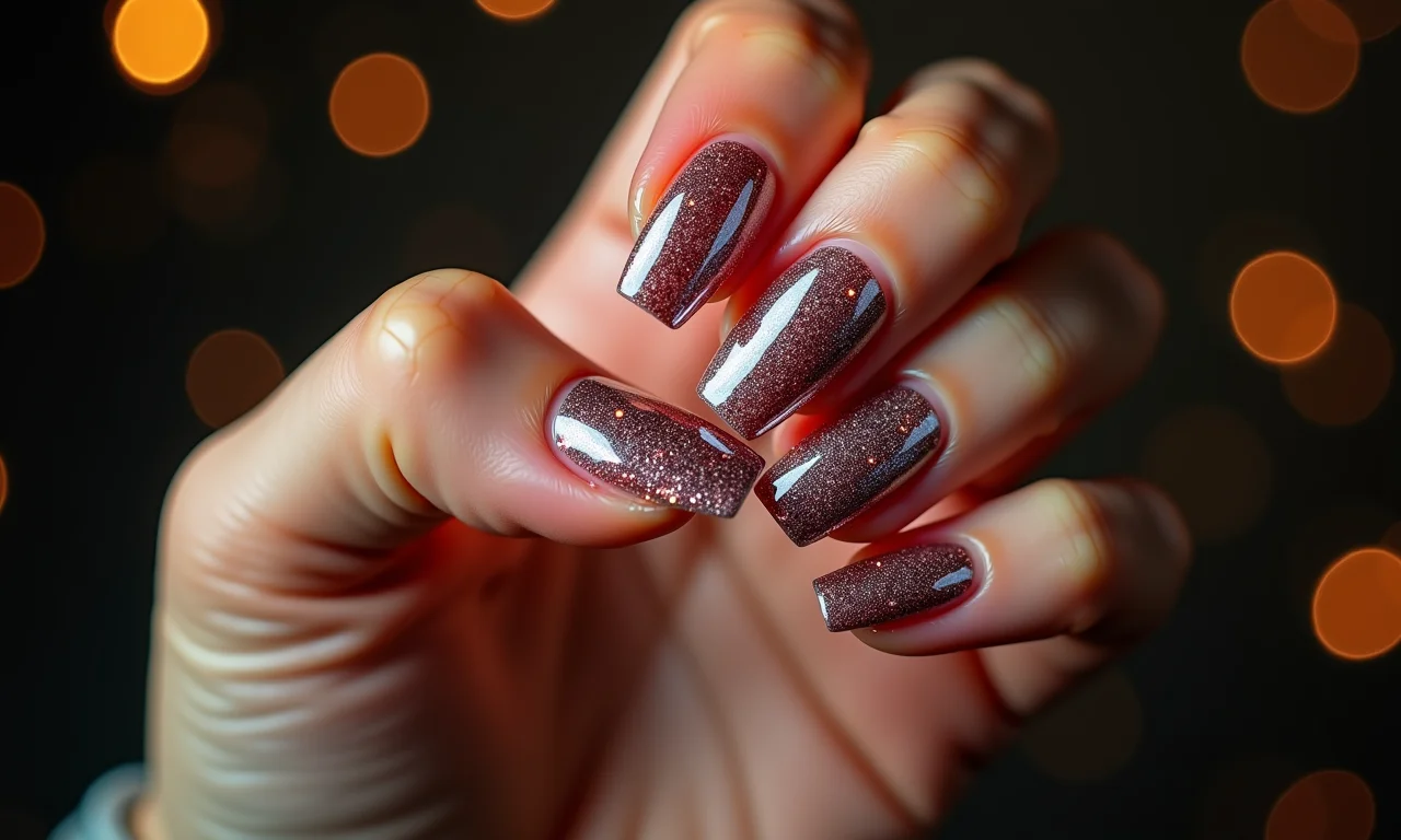 Unhas com blindagem e glitter, perfeitas para ocasiões especiais.
