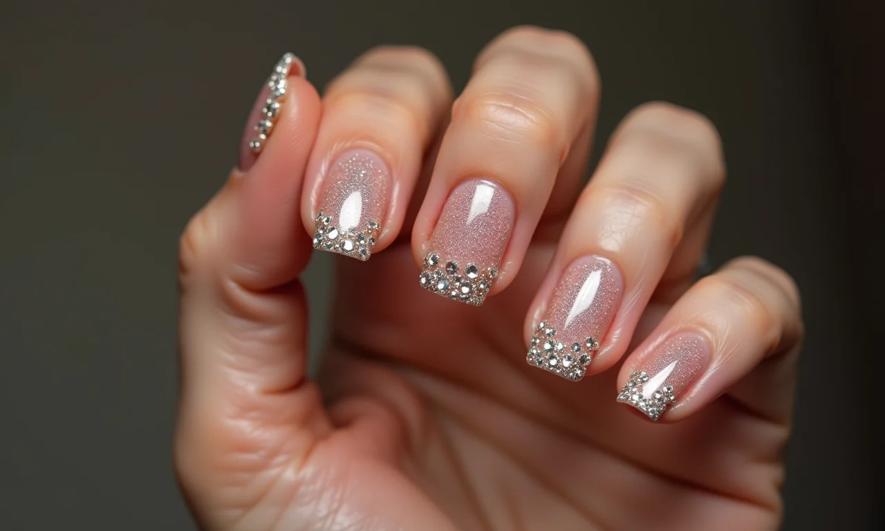 Unhas com blindagem e pedrarias, um toque de luxo e sofisticação.