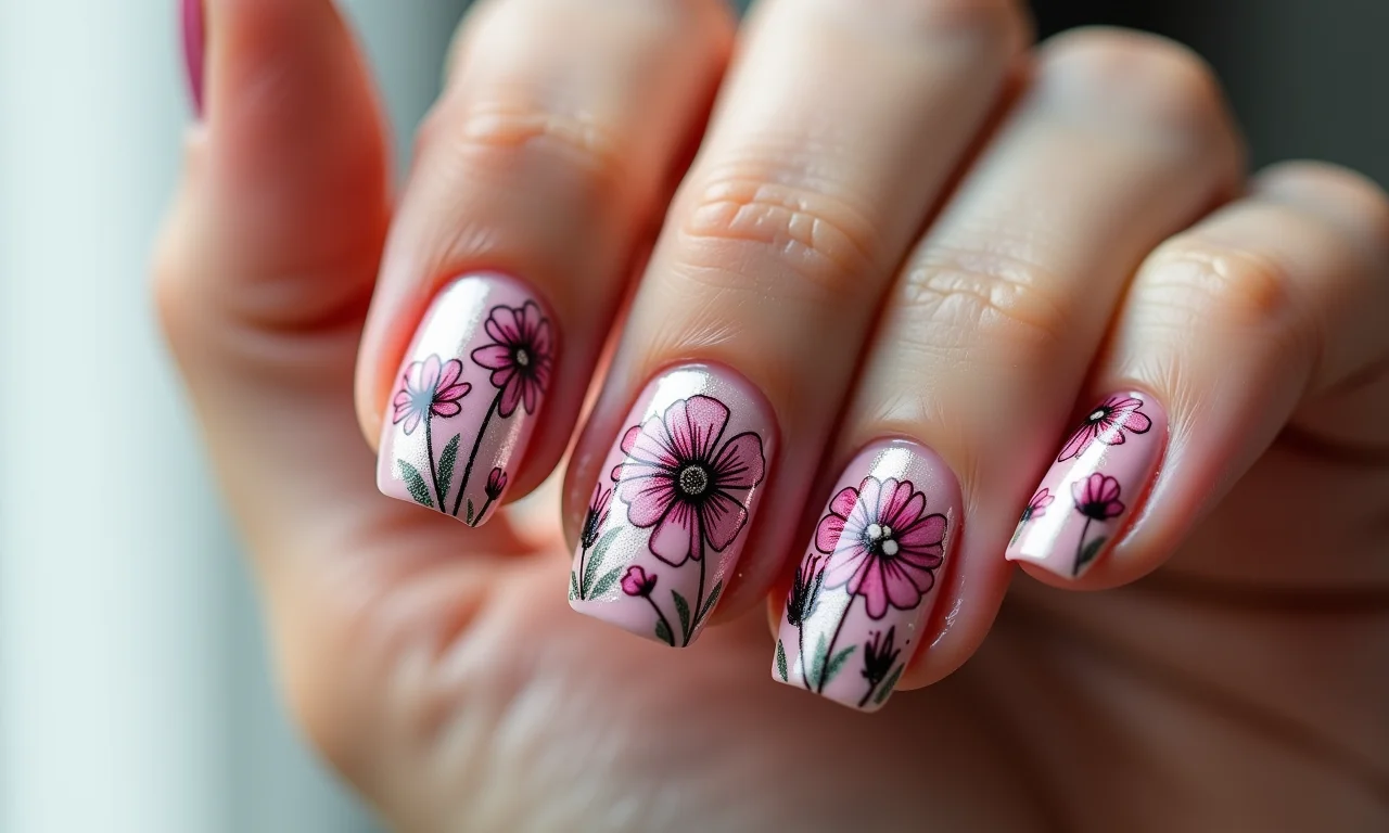 Unhas com carimbo de flores, detalhes intrincados e precisos.