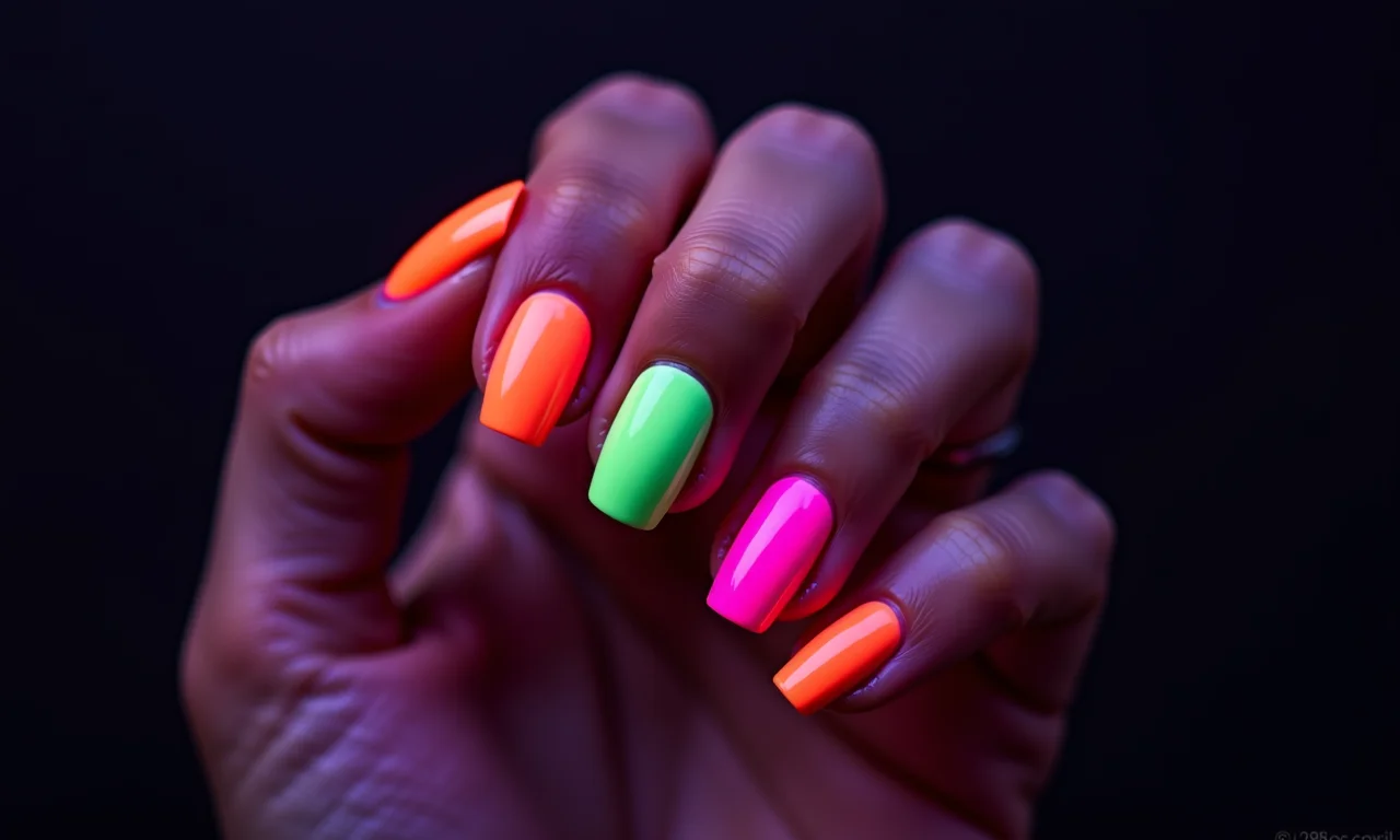 Unhas com cores vibrantes e neon, chamativas e modernas.