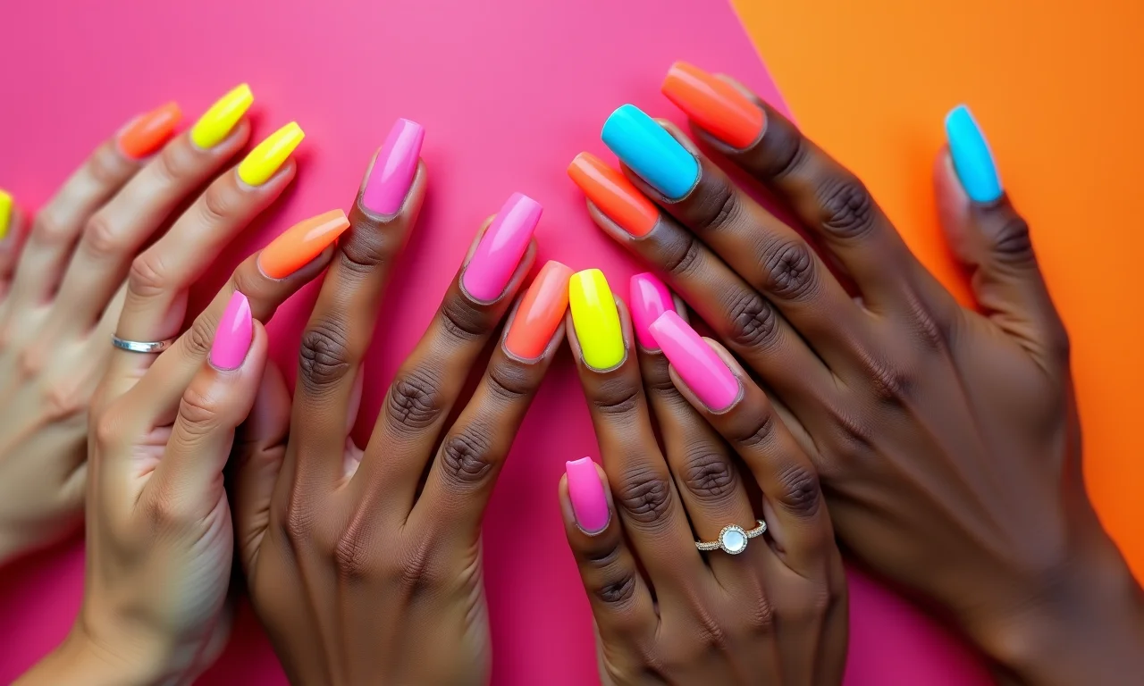 Unhas com cores vibrantes e neon.