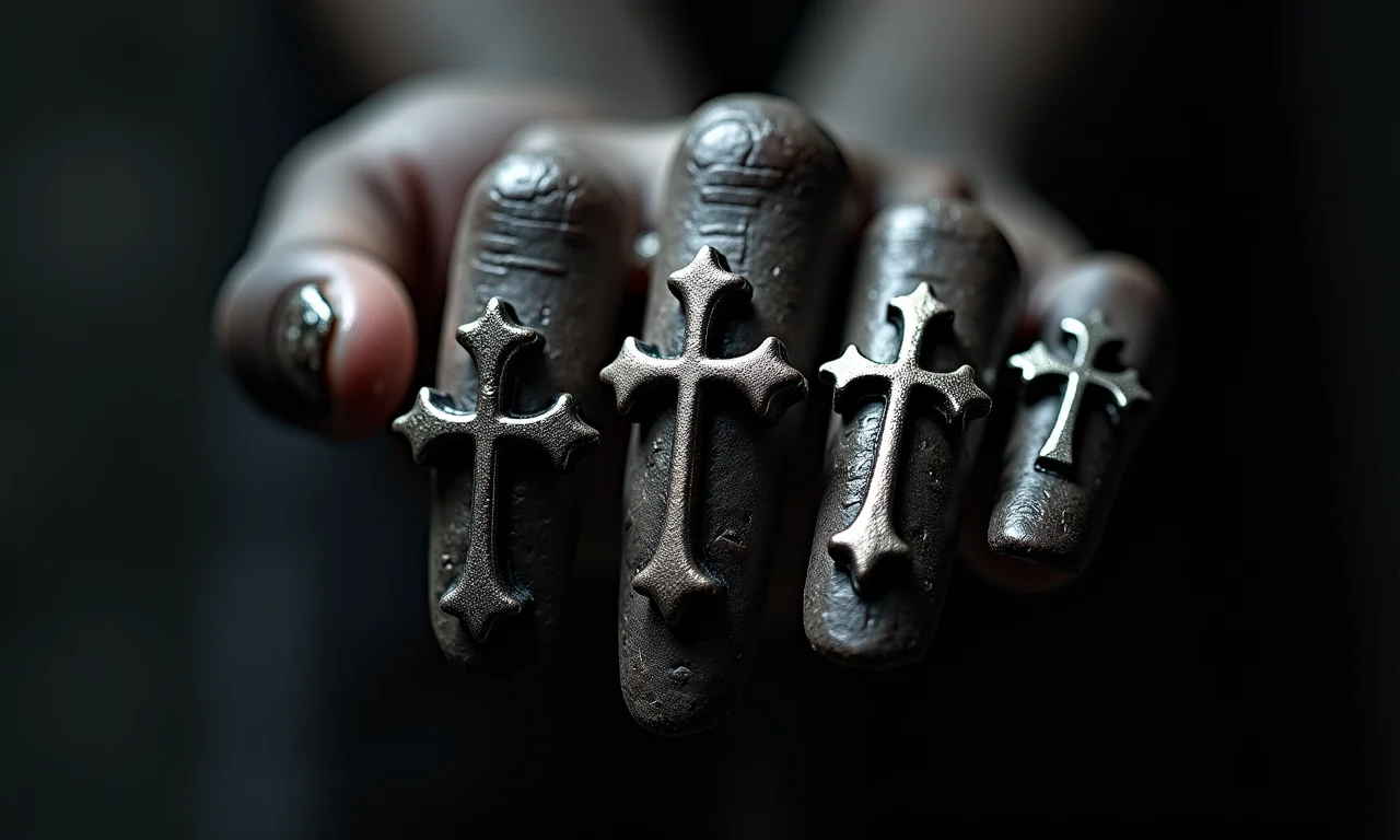 Unhas com cruzes e outros símbolos góticos.